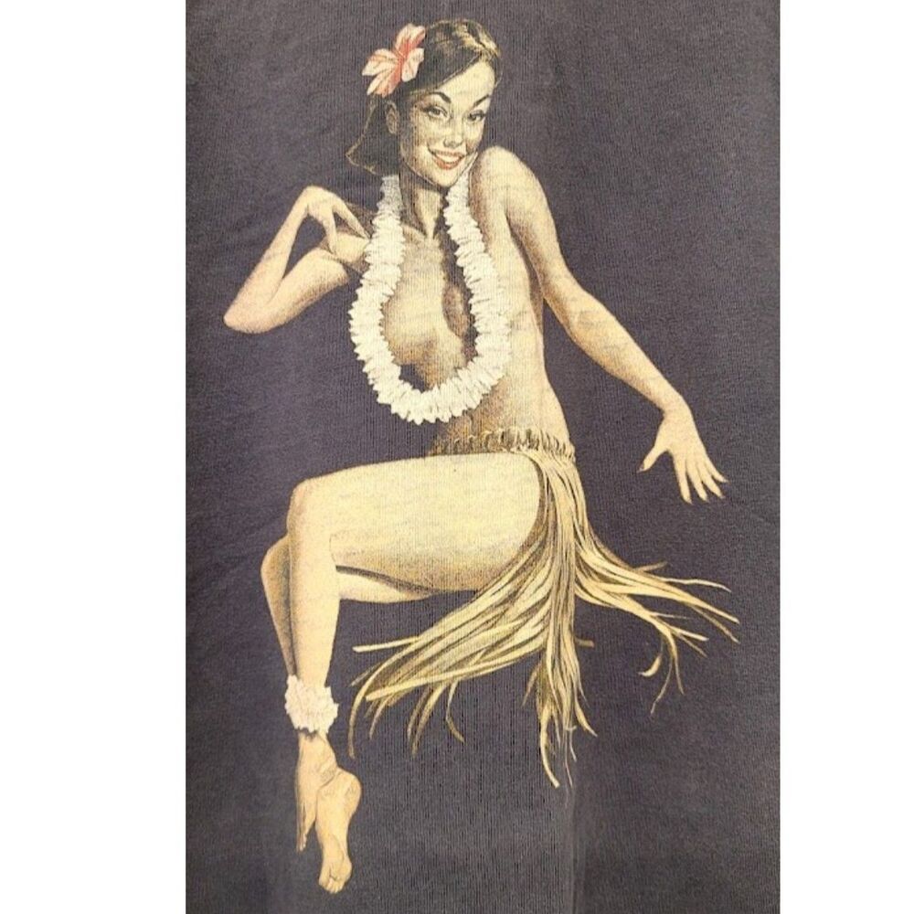 Y2K Vintage Abercrombie Fitch Hula Girl Back Graphic Faded Navy Beach Tee Mens M